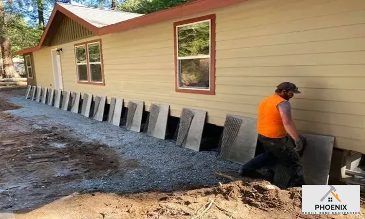 Technician preparing to install durable concrete skirting panels on double-wide manufactured home