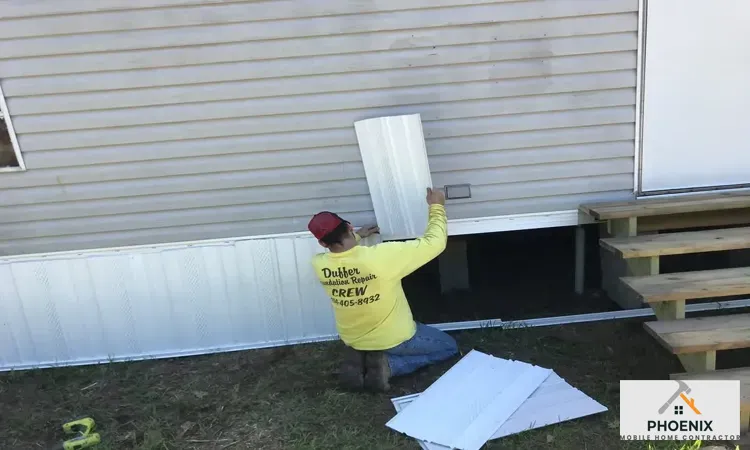 Worker installing white vinyl skirting panels on a single-wide mobile home for energy efficiency and pest control