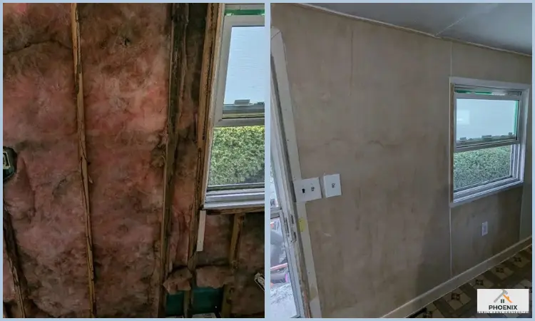sign your mobile home needs immediate repair Mobile home wall repair before and after: exposed insulation and damaged interior wall replaced with new drywall and finished surface in Phoenix, AZ