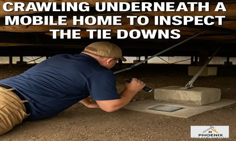 Technician inspecting mobile home tie-down system for stability and safety in Phoenix, Arizona
