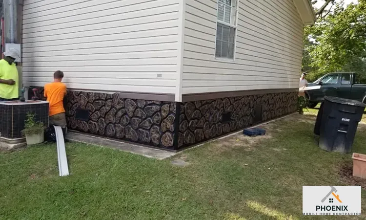 Stone-style decorative mobile home skirting installation improving insulation and exterior aesthetics