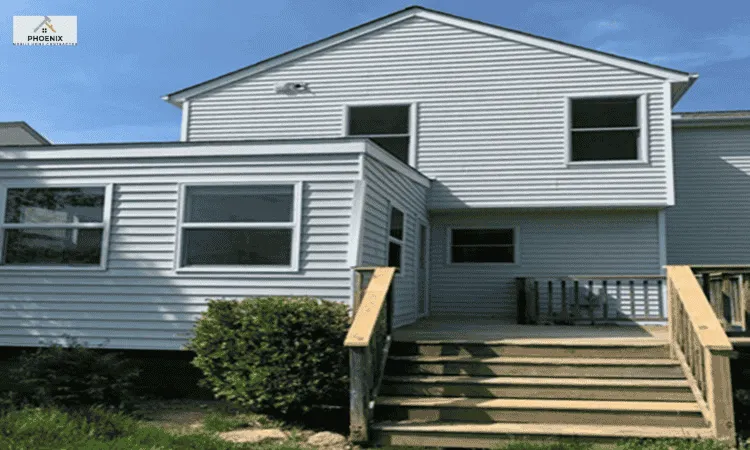Wooden Deck for Double wide mobile home with fresh wooden deck entry steps and vinyl siding, Phoenix AZ mobile home contractor project