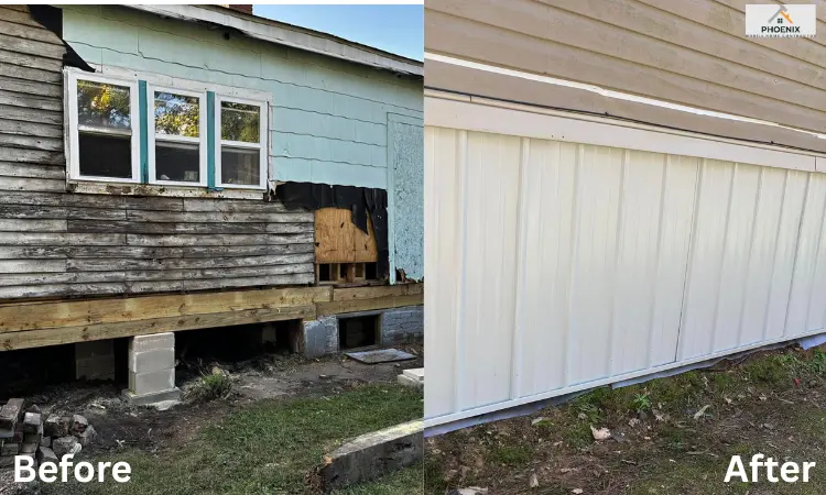 Mobile Home Crawlspace Panel Repair Mobile home crawlspace repair before and after: damaged siding and exposed foundation replaced with new white skirting panels to protect the underbelly and enhance curb appeal in Mesa, AZ.