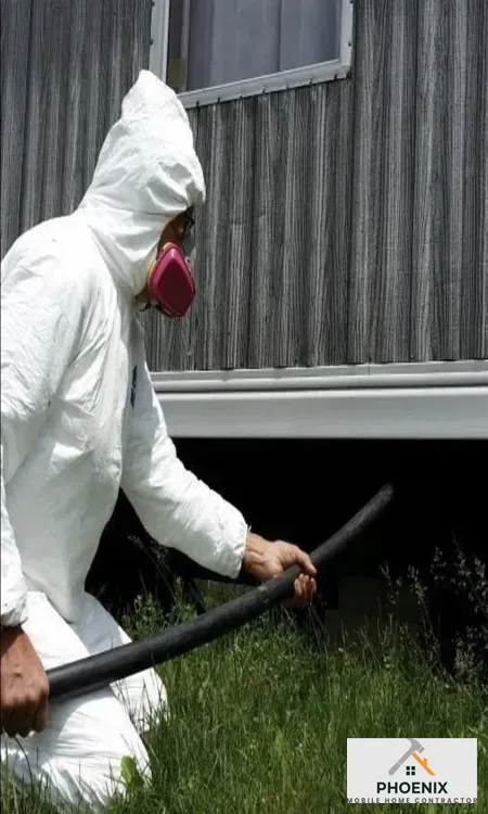 Pest control technician sealing mobile home underbelly to prevent rodent and insect infestation