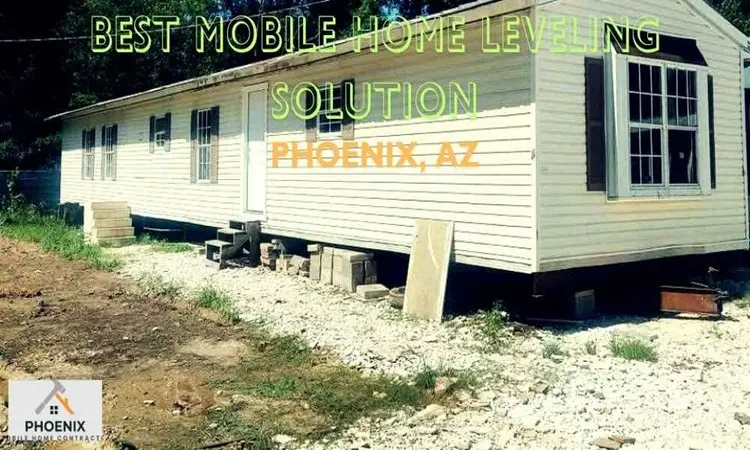 Mobile home in Phoenix, AZ undergoing leveling with exposed piers and shims visible for foundation adjustment