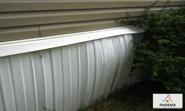 Damaged mobile home skirting with dents and warping needing replacement to protect underbelly