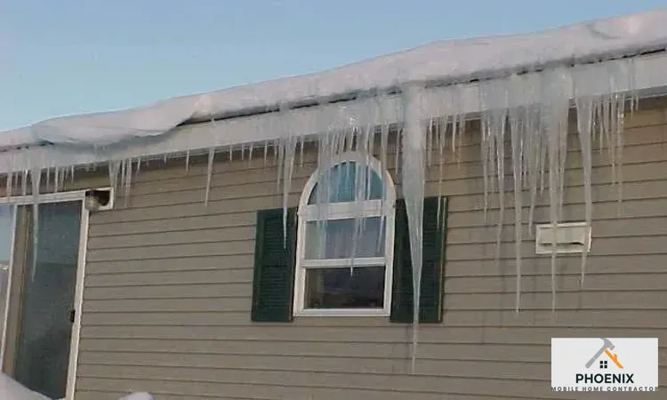 Mobile Home by Weather Impacts
Mobile home roof with heavy icicles and snow buildup causing potential roof damage and leaks