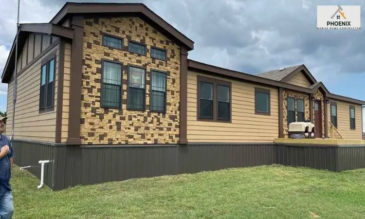 Professional Double Wide Mobile Home Skirting Service Upgraded double-wide mobile home with premium skirting and stone accent siding in Phoenix, Arizona