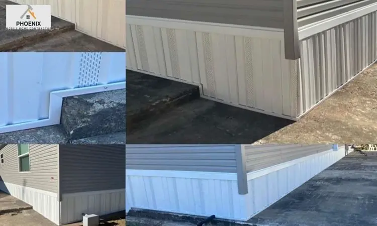 Collage of white vinyl mobile home skirting installations on single-wide units with concrete perimeter and vent panels in Phoenix, Arizona