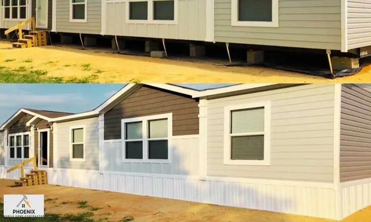 Before and after of double wide mobile home skirting installation in Phoenix, AZ showing transformation from exposed foundation to clean white vinyl skirt