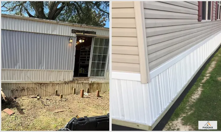 Cracked grey panels skirting repair Mobile home skirting repair before and after: damaged and missing grey panels replaced with new white vinyl skirting for improved protection and curb appeal in Phoenix, AZ