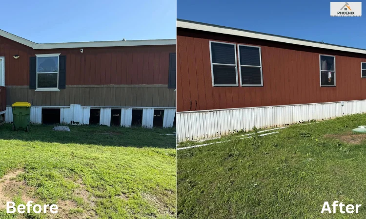 repair Mismatched and rough panel of a mobile home skirting Mobile home skirting replacement before and after: mismatched and damaged panels upgraded to uniform white vinyl skirting for improved insulation and curb appeal in Chandler, AZ.