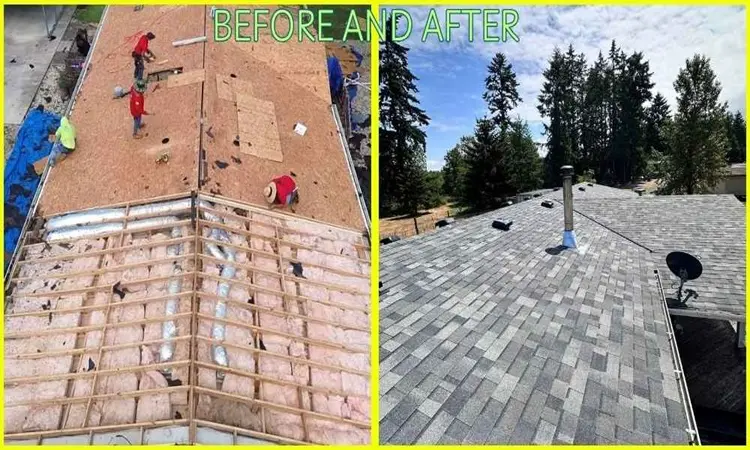 Before and after photos of mobile home roof repair showing structural rebuild and new asphalt shingle installation in Phoenix, Arizona