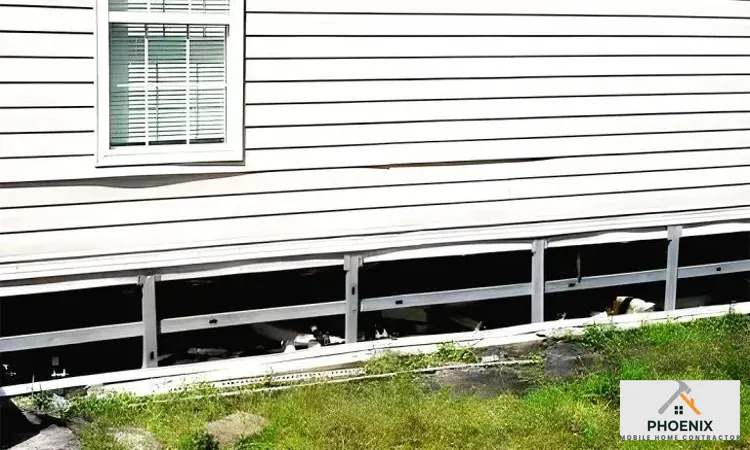 Damaged mobile home skirting removed for replacement to protect underbelly and improve energy efficiency